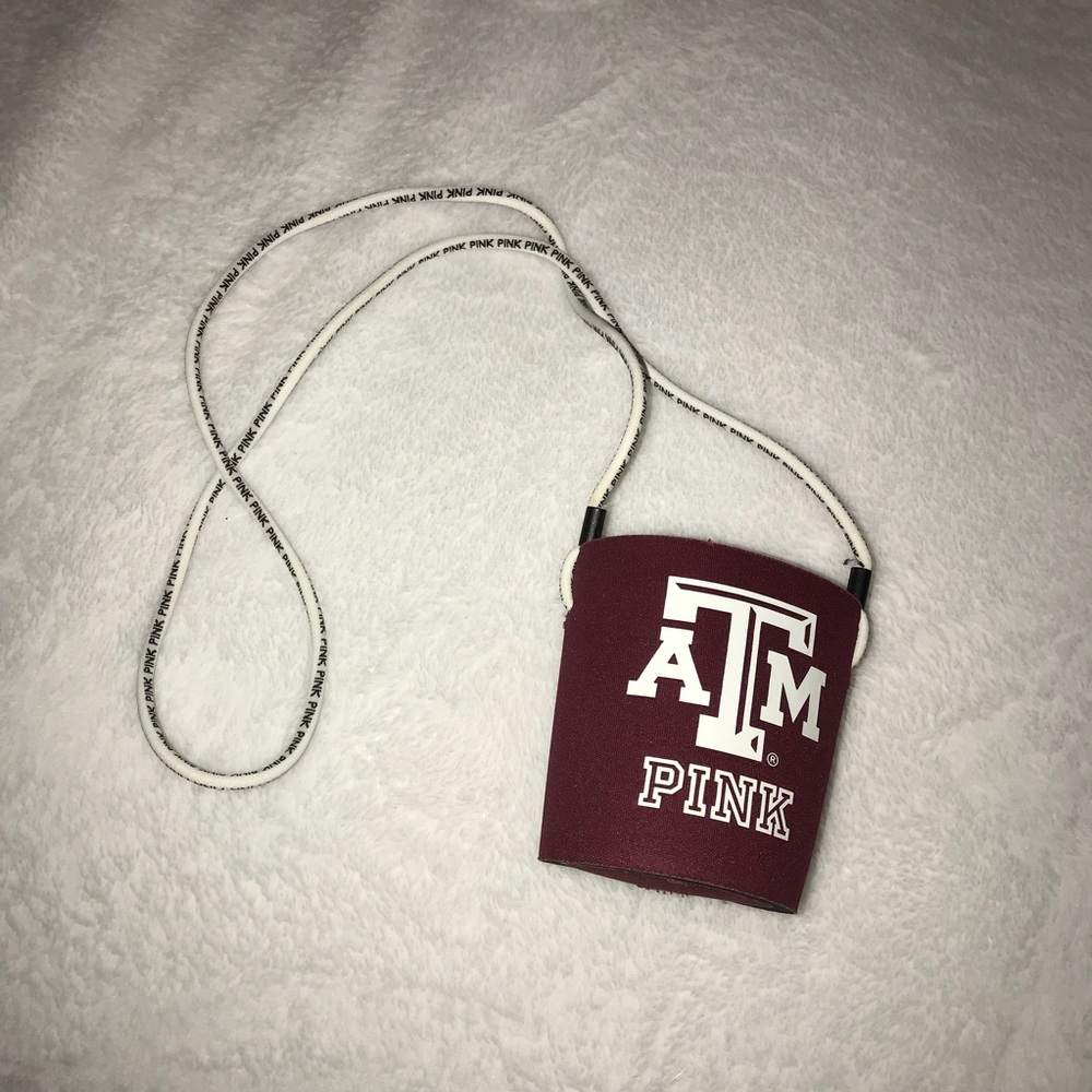 PINK Texas A&M koozie on a lanyard